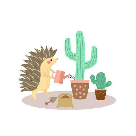 Hand drawn hedgehog planting cactus in garden. Vector illustration animal cartoon on white background.のイラスト素材