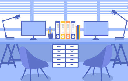 Modern office interior with furniture, computers and chairs. Business workplace or workspace design vector illustration.のイラスト素材