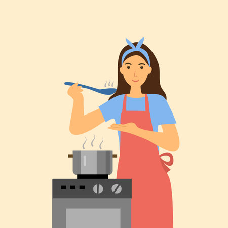 Woman is cooking in the kitchen. Housewife is boiling soup and taste food for dinner. Woman with apron cooking delicious meal for family concept vector illustration.のイラスト素材