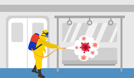 Man in hazmat suit cleaning and disinfecting covid19 Coronavirus cells inside subway train or sky train. Clean and kill virus pathogen prevent outbreak spreading concept. Design for banner, poster.のイラスト素材