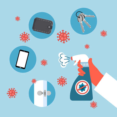 Hand holding sanitizer bottle spraying on mobile phone, wallet, key and door knob. Coronavirus disease prevention. Disinfect Covid-19 personal healthcare concept.のイラスト素材