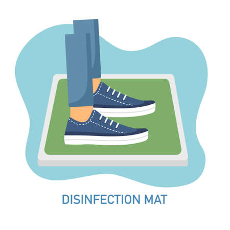 Man standing on disinfection mat to clean shoe from Covid-19 coronavirus and bacteria. Healthcare concept vector illustration on white background.のイラスト素材