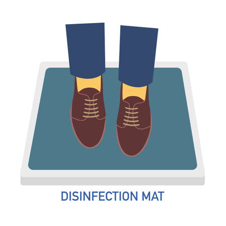 Man or woman are standing on disinfection mat to clean shoe from Covid-19 coronavirus and bacteria. Healthcare concept vector illustration on white background.のイラスト素材