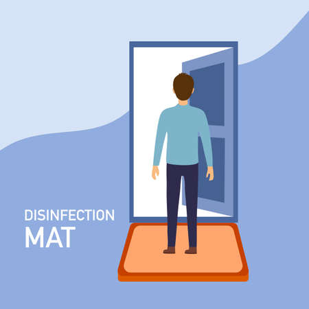 Man standing on disinfection mat to clean shoe from Covid-19 coronavirus and bacteria at front door. Healthcare concept vector illustration on white background.のイラスト素材