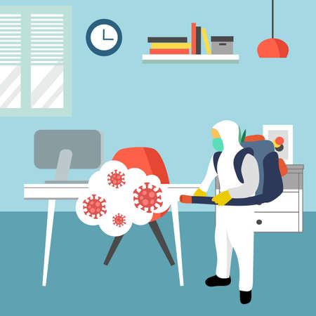 A man in hazmat suit spraying and disinfecting covid19 Coronavirus cells epidemic outbreak. Virus disinfection prevention vector illustration. Cleaning virus, bacteria and germs in the room.のイラスト素材