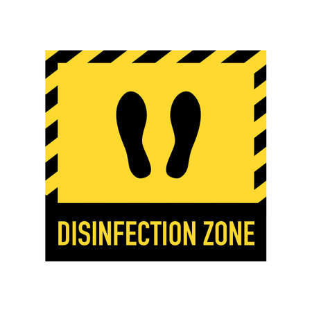 Disinfection zone sign on the floor in flat design on white background. Disinfection mat to clean Covid-19 coronavirus infection on shoes. Healthcare sanitizer.のイラスト素材