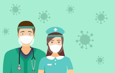 Illustration for Doctor and nurse wearing face mask and a plastic medical face shield. Close up shot man and woman face wearing Covid-19 coronavirus protective mask. Virus protection equipment. Healthcare concept. - Royalty Free Image