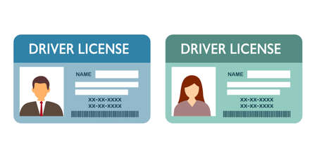 Renew driver license concept vector illustration on white background. Two driver licenses of man and woman in flat design. Identity card.のイラスト素材