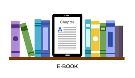 Bookshelf with books and Ebook reader device. Online digital library and Ebook concept vector illustration on white background. Creative flat design template for web banner, landing page.のイラスト素材