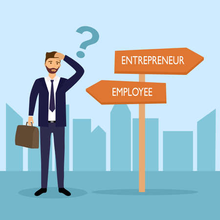 Businessman standing at road sign with two career pathways of entrepreneur and employee. Man choosing occupation way in flat design concept vector illustration.のイラスト素材