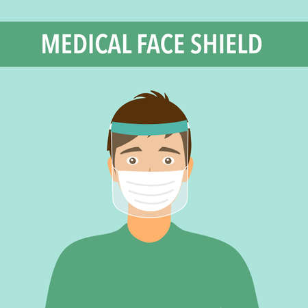 A young man wearing face mask and a plastic medical face shield. Close up shot guy face wearing Covid-19 coronavirus protective mask. Virus protection equipment. Healthcare concept.のイラスト素材