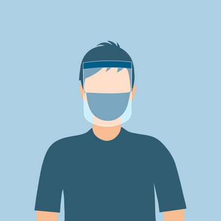 A young man wearing face mask and a plastic medical face shield. Close up shot guy face wearing Covid-19 coronavirus protective mask. Virus protection equipment. Healthcare concept.のイラスト素材