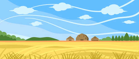 Beautiful agricultural farm landscape with cloudy blue sky and farmhouse vector illustration.のイラスト素材