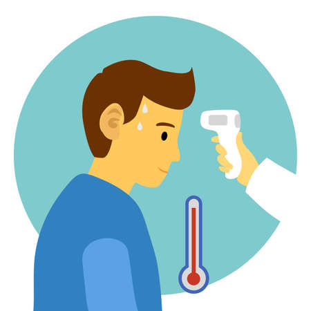 Measuring the temperature of a man with medical digital infrared thermometer in side view. Covid19 Coronavirus epidemic outbreak. Covid-19 thermo scan checkpoint concept vector illustration.のイラスト素材