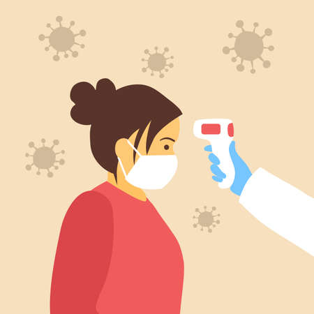 Measuring the temperature of a woman with medical digital infrared thermometer in side view. COVID-19 Coronavirus epidemic outbreak. COVID-19 thermo scan checkpoint concept vector illustration.のイラスト素材