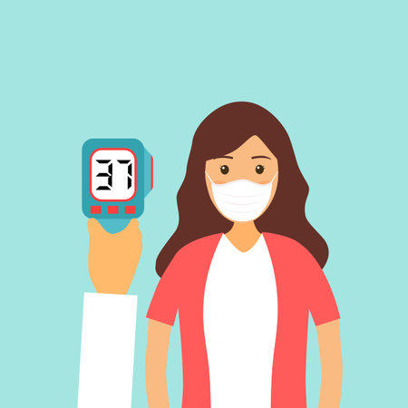 Measuring the temperature of a woman with medical digital infrared thermometer in front view....