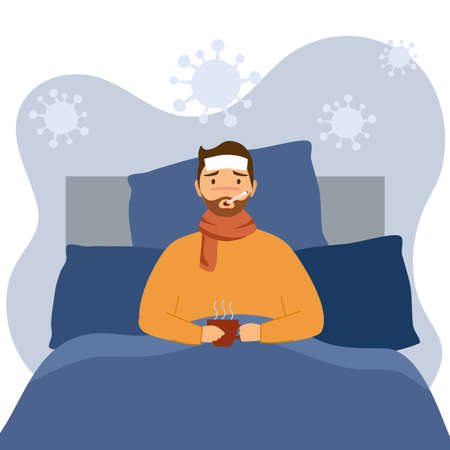 Man suffering from flu in bed with scarf under blanket. He has fever and take thermometer in mouth. Corona virus influenza disease concept vector illustration.のイラスト素材