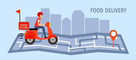Online food delivery service vector illustration. Delivery boy riding red motorbike on map. Fast food delivery design template for landing page, web, mobile app, poster and flyer.のイラスト素材