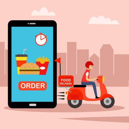 Online food order and food delivery service concept vector illustration. Uber eat, grab food, fast food in flat design for landing page, web, mobile app, poster, flyer.のイラスト素材