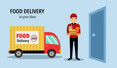 Food delivery to your door concept vector illustration. Delivery man handing fast food set on customer house door. Food delivery service to the door by truck in flat design.のイラスト素材