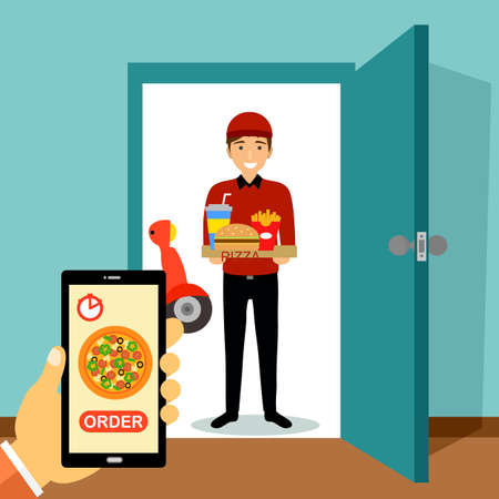 Delivery man handing fast food set and pizza box on doorway. Order food online via smartphone and deliver to customer home. Food delivery with fast shipping service concept vector illustration.のイラスト素材