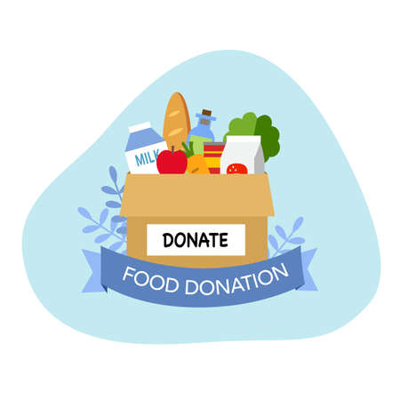 Sharing food to people. Foos donation. Boxes full of food in flat design vector illustration on white background. Time for charity.のイラスト素材