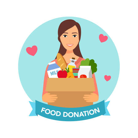 Sharing food to people. Foos donation concept. Woman holding box full of food in flat design vector illustration on white background. Time for charity.のイラスト素材
