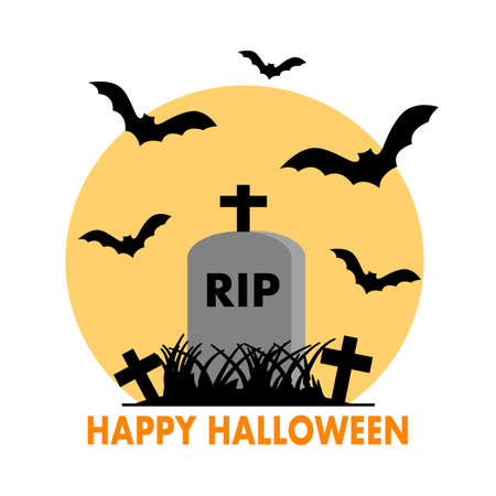 Happy Halloween concept vector illustration on white background. Grave with cross and flying bats in flat design.のイラスト素材
