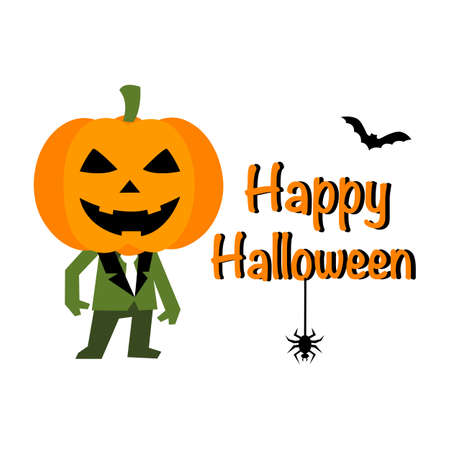 Pumpkin guy standing with bat and spider. Happy Halloween concept vector illustration on white background.のイラスト素材
