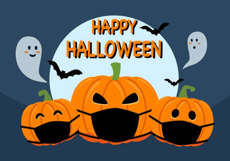Pumpkins wearing medical face mask with ghost, bats and the moon in flat design. Halloween festival in Covid-19 Coronavirus outbreak concept vector illustration.のイラスト素材