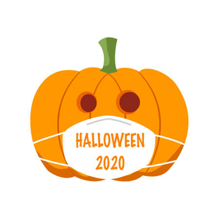 Pumpkin wearing medical face mask in flat design. Halloween festival in Covid-19 Coronavirus outbreak concept vector illustration on white background.のイラスト素材