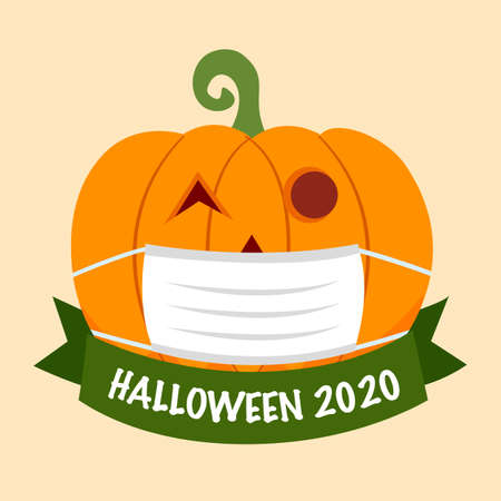 Pumpkin wearing medical face mask in flat design. Halloween festival in Covid-19 Coronavirus outbreak concept vector illustration.のイラスト素材