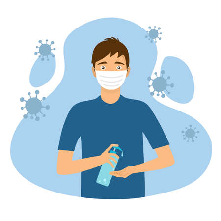 Man wearing medical mask. He use alcohol hand gel to clean hands and prevent Covid19 coronavirus disease and germs. Health care concept vector illustration.のイラスト素材