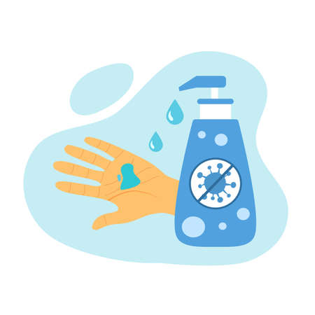 Hand wash gel. Washing hand by hand gel sanitizer for protect your hand from Covid-19 coronavirus disease. Disinfection health care concept vector illustration in flat design.のイラスト素材