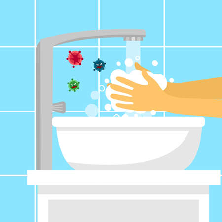 Washing hands in the sink concept vector illustration. A man or woman wash hands under faucet with soap and water. Virus and bacteria prevention healthcare in flat design.のイラスト素材
