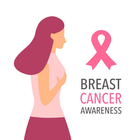 Breast cancer awareness month concept vector illustration. Woman wear pink dress with pink ribbon  in flat design.のイラスト素材