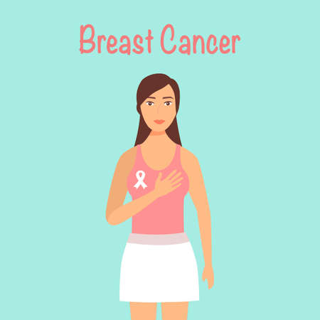 Breast cancer awareness concept vector illustration. Woman wear pink dress with white ribbon  in flat design.のイラスト素材