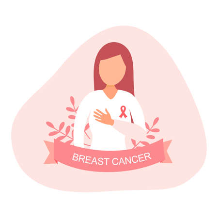 Breast cancer awareness month concept vector illustration. Woman wear white dress with pink ribbon  in flat design.のイラスト素材