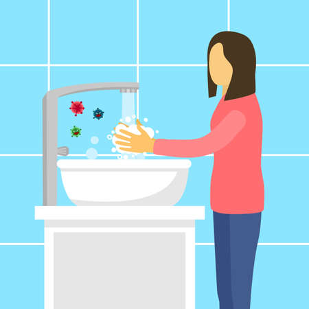 A woman washing her hands in the sink concept vector illustration. Washing hands under faucet with soap and water in bathroom. Virus and bacteria prevention healthcare in flat design.のイラスト素材