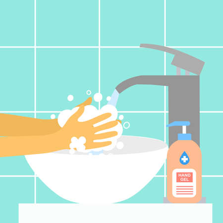 Washing hands in the sink concept vector illustration. A man or woman wash hands under faucet with soap and water. Virus and bacteria prevention healthcare in flat design.のイラスト素材