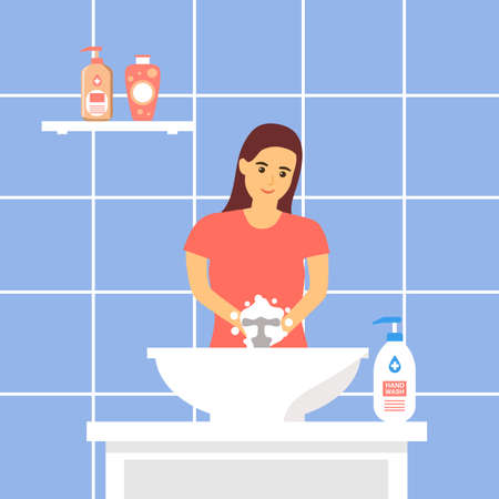 A woman washing her hands in the sink concept vector illustration. Washing hands under faucet with soap and water. Virus and germs prevention healthcare in flat design. Front view.のイラスト素材