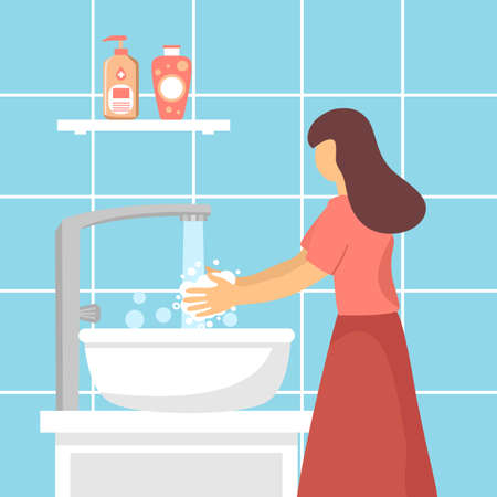 A woman washing her hands in the sink concept vector illustration. Washing hands under faucet with soap and water in bathroom. Virus and bacteria prevention healthcare in flat design.のイラスト素材