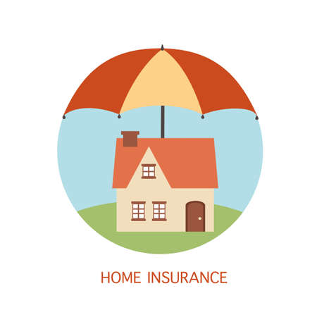 Home insurance concept flat design vector illustration. House protected under umbrella. Residents home real estate protection.のイラスト素材