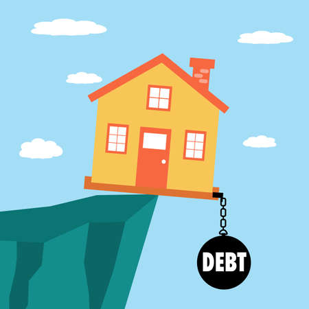 House held on cliff by a ball and chain. House debt concept vector illustration.のイラスト素材
