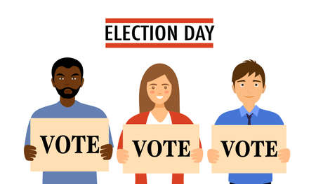 Election Day in the country. Presidential voting campaign vector illustration. Man and woman holding vote sign in flat design on white background.のイラスト素材