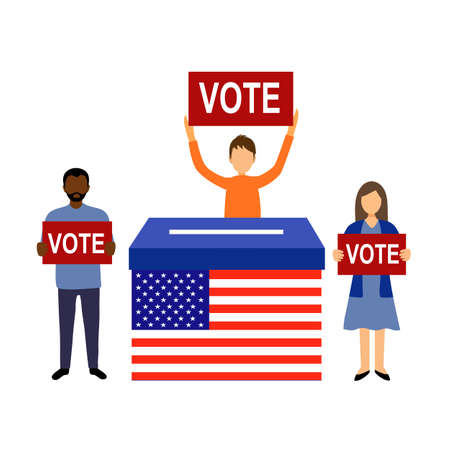 People standing with ballot box and holding sign of vote text for America president election campaign. Election Day in the country. Vote for your voice vector illustration.のイラスト素材