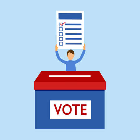 A man holding ballot paper for putting in ballot box. America president election campaign. Election Day. Vote for your voice vector illustration.のイラスト素材