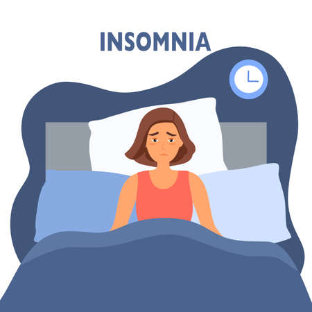 Sleepless woman suffering from insomnia. Lady with open eyes in darkness night lying on bed concept vector illustration. Woman try to sleep under blanket.のイラスト素材