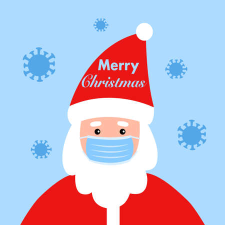 Santa Claus wearing medical face mask with virus cells around in flat design.のイラスト素材