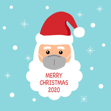 Santa Claus wearing medical face mask with snowflakes around in flat design.のイラスト素材